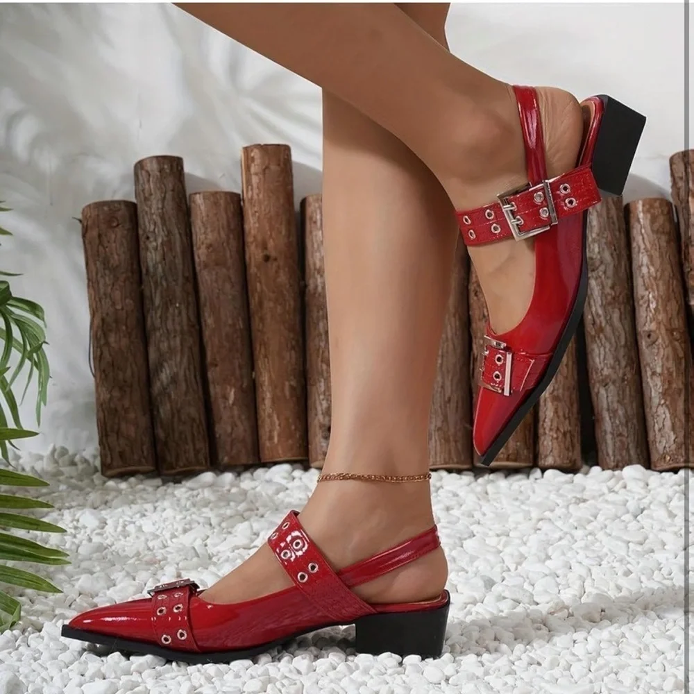 Red Patent leather Flats chunky buckle with silver detail size 44 EU size 13.5